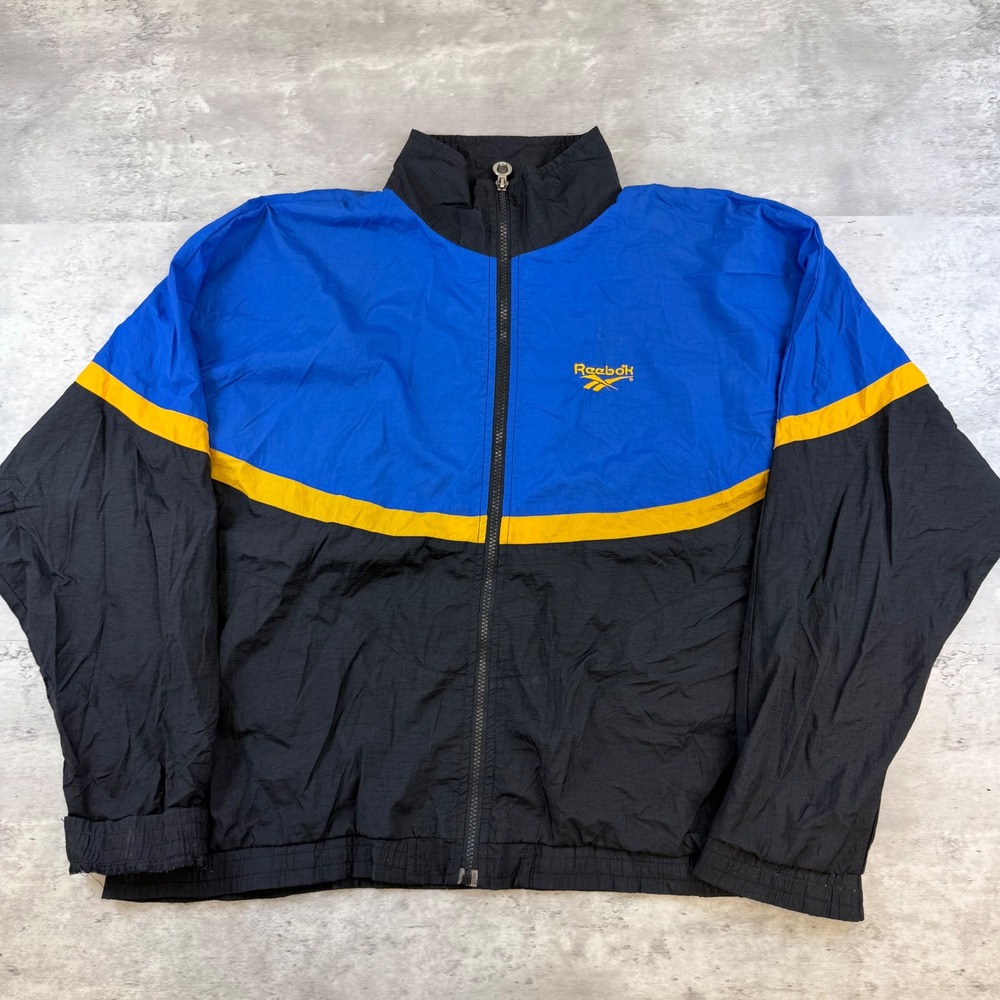 Vintage Reebok Windbreaker Jacket XL Blue Black Yellow Colorblock Full Zip 90s